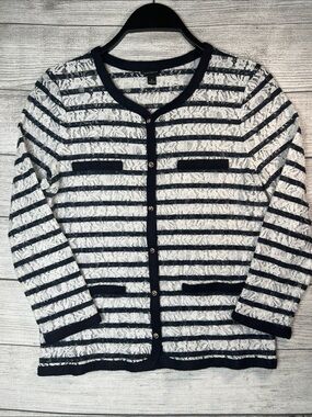 Ann Taylor Lace Cardigan Women’s S Black White Striped Button Front Jacket